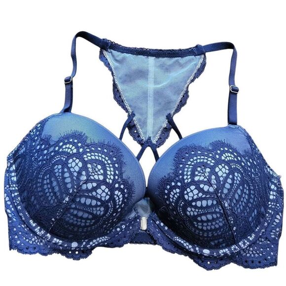 Victoria's Secret Bra Women's 36D Blue Dream Angels Push Up Lace Back Plunge - Picture 1 of 5